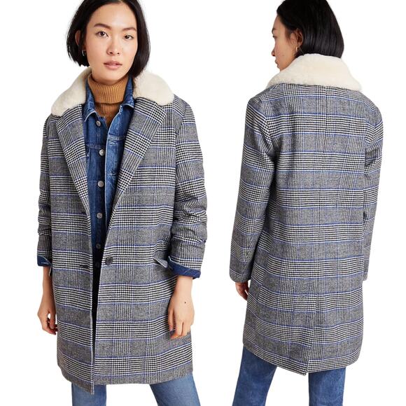 Levi's Amaya Wool Blend Houndstooth Plaid Coat Faux Fur Gray Blue Size L - Picture 2 of 11